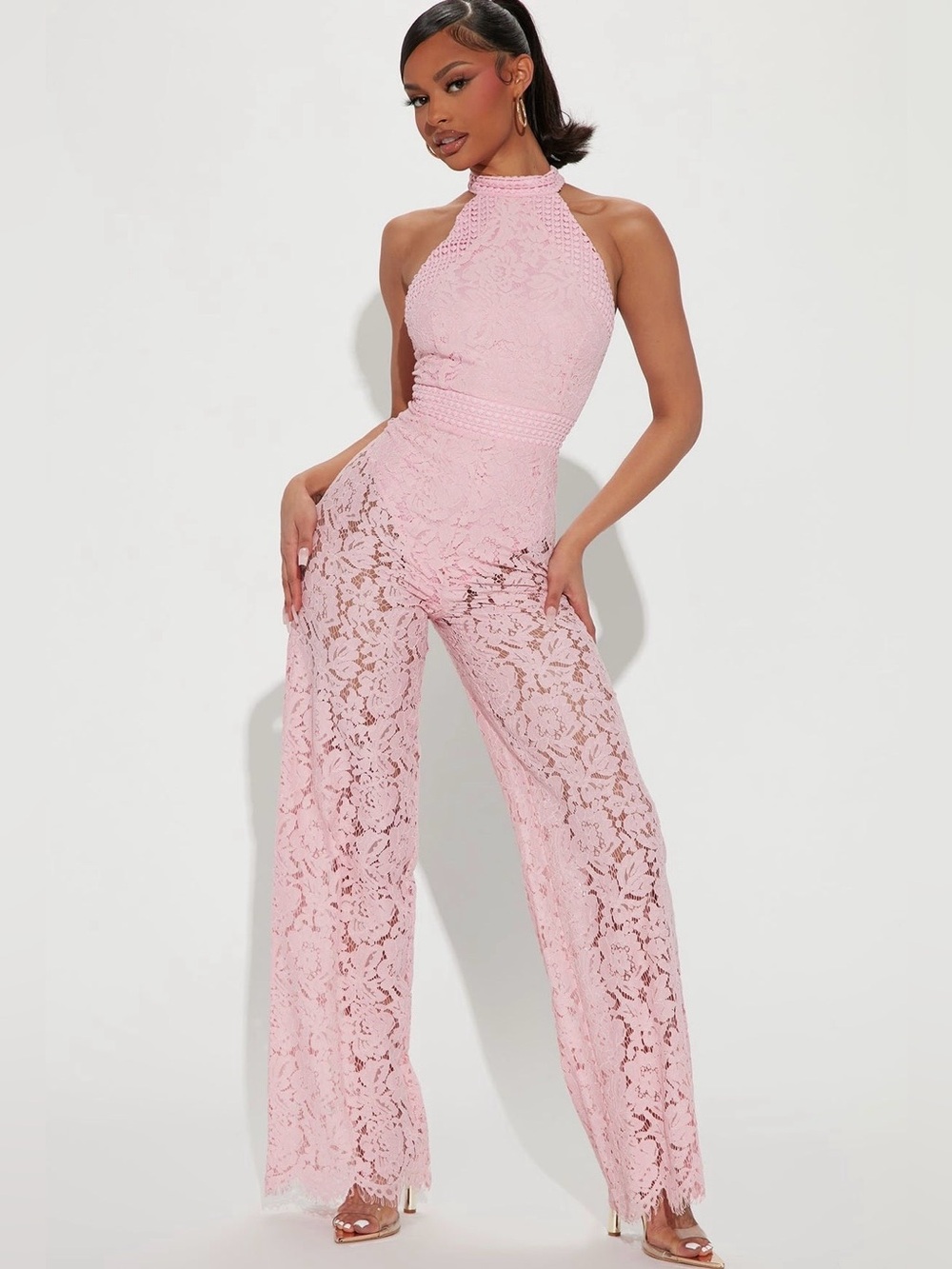 Fashion Nova High-Neck Pink Lace Jumpsuit